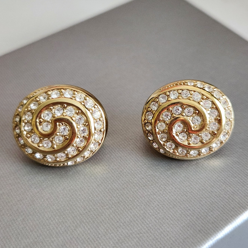 Christian Dior Gold Tone Rhinestone Swirl Clip-on Earrings